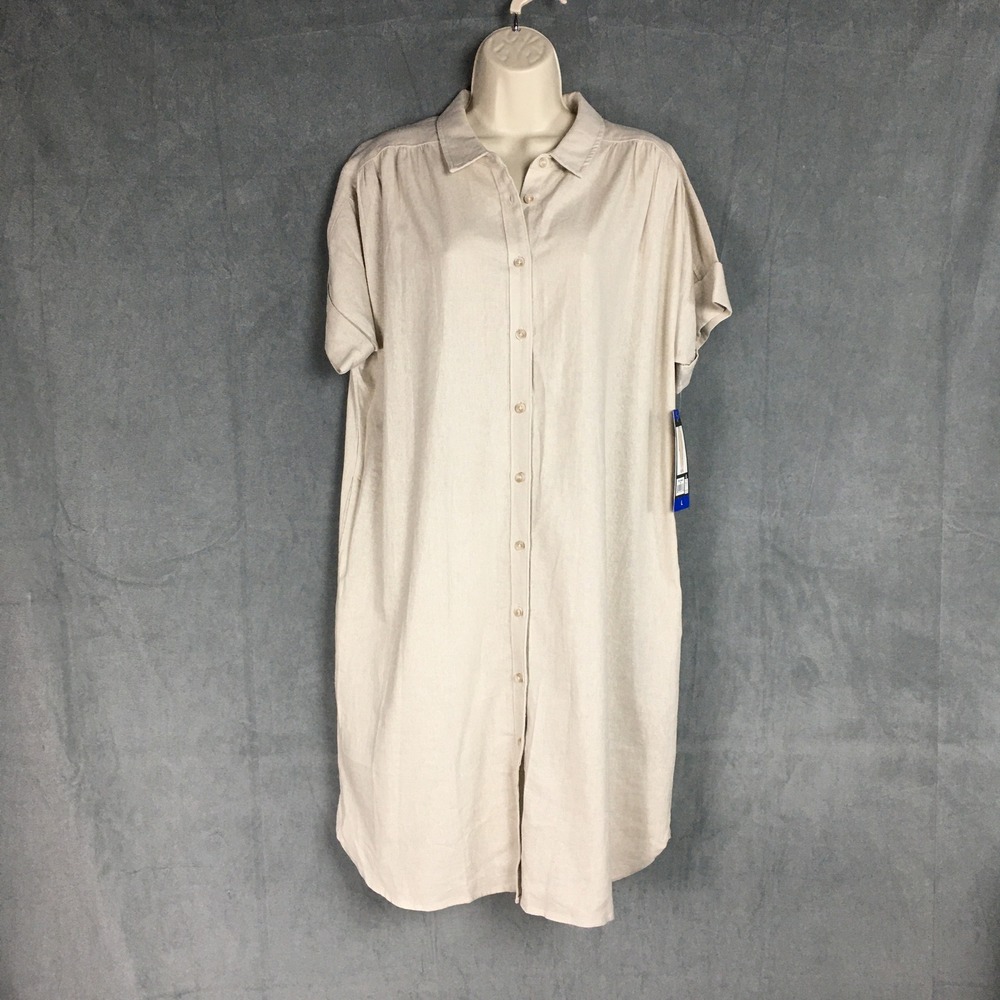 Well Worn Linen Blend L‎ NWD Button Down Shirt Dress Beige Summer Minimalist